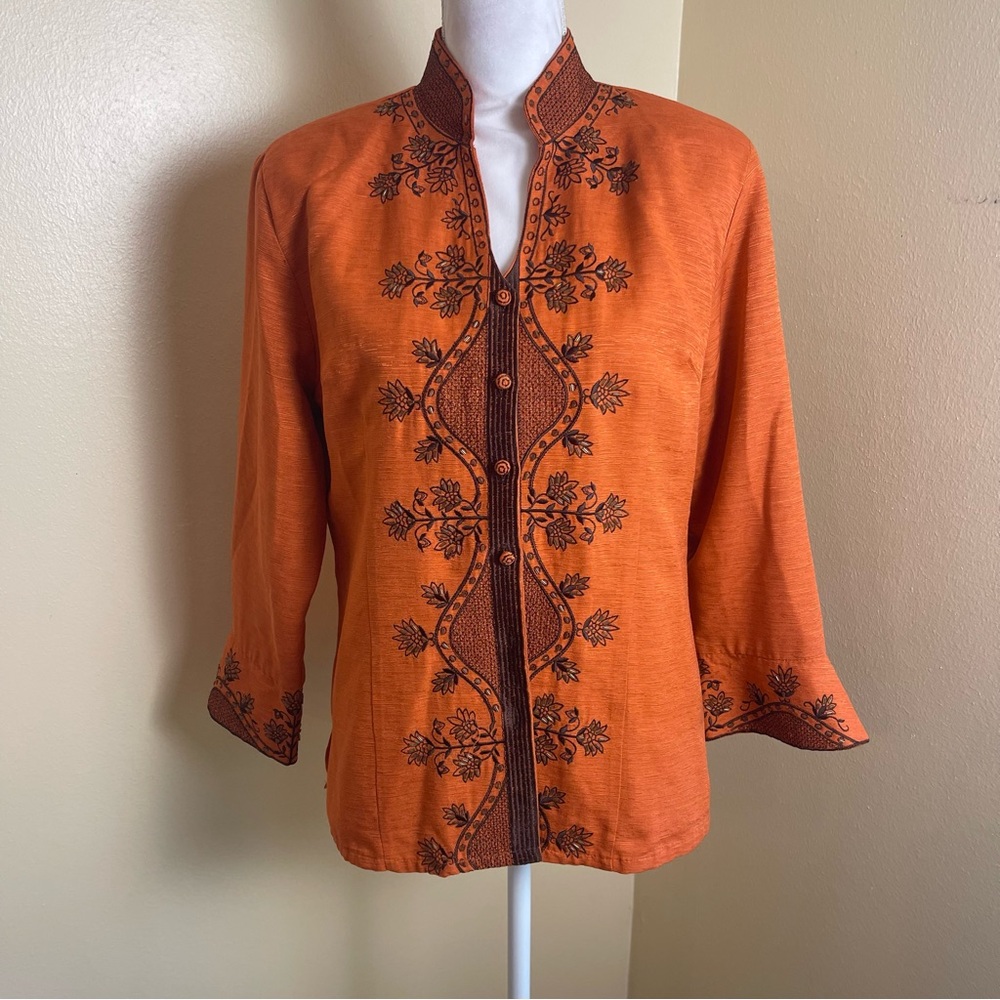 Silkland 100% Silk Embroidered Beaded Jacket L Orange Boho Mandarin Collar Artsy